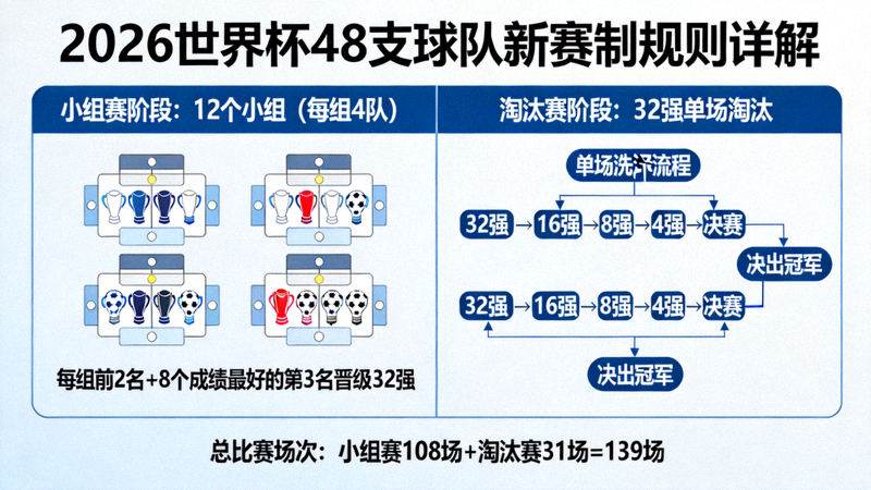 2026世界杯48支球队新赛制规则详解图，展示小组赛和淘汰赛阶段结构