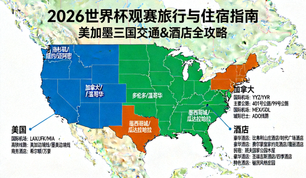 2026世界杯观赛旅行与住宿指南图，包含美加墨三国交通和酒店信息