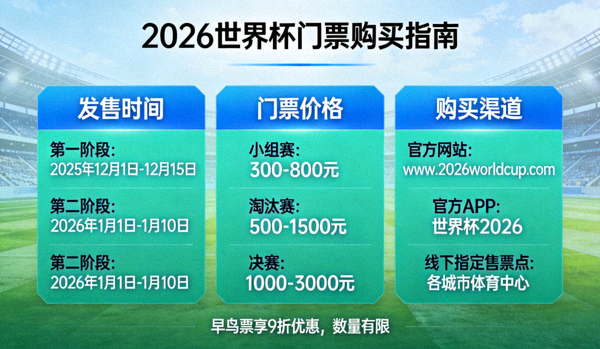 2026世界杯门票购买指南图，包含门票发售时间、价格和购买渠道